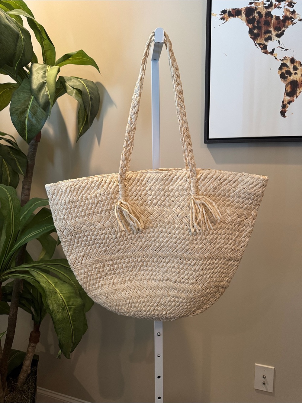 Natural Straw Tote Bag with Braided Handles. Clean and in excellent condition.